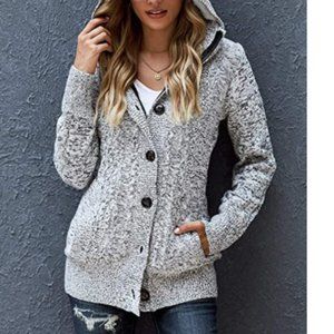 Sidefeel Women Hooded Knit Cardigans Button Cable